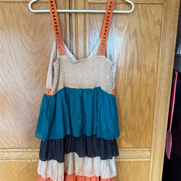 New W Tag Kessley Sun Dress Womens Sleeveless Medium Tiered Layers Orange Green - Picture 5 of 7
